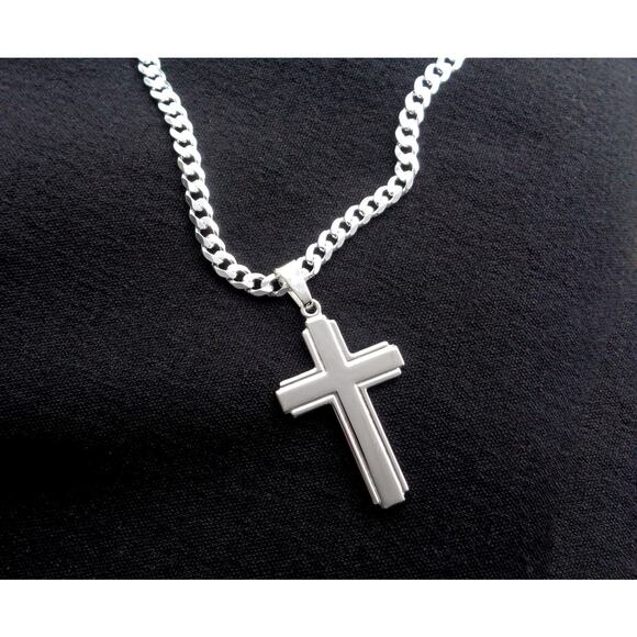 Silver Cross Necklace, 925 SOLID Sterling Silver Cross Pendant, Stamped 925